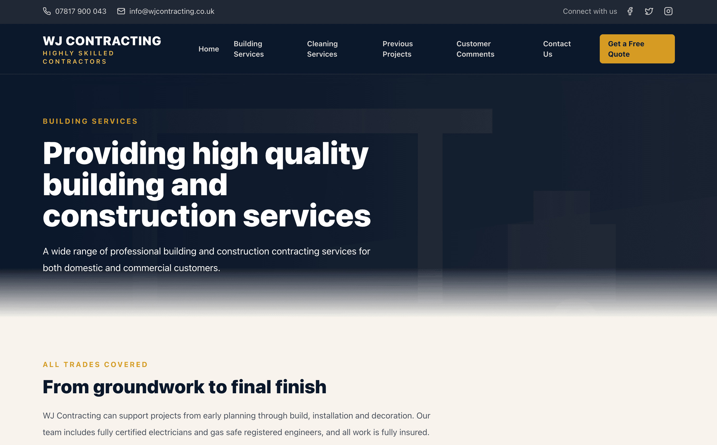 WJ Contracting website homepage preview